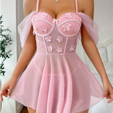 Whimsical Blossom Mesh Babydoll With 3D Flower Bodice