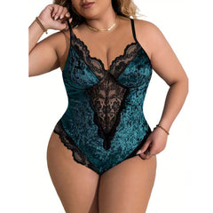 Velvet and Lace Plus Size Bodysuit with Strappy Back Design