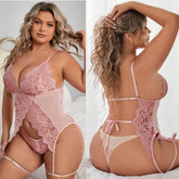 Plus Size Lace Bodysuit with Garter Straps and Thong