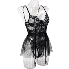 Black Lace Babydoll with Garter and Sheer Glove Accents