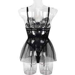 Black Lace Babydoll with Garter and Sheer Glove Accents