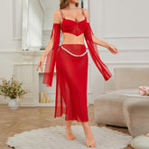 Glamorous Red Mesh Lingerie Set with Sheer Robe and Skirt