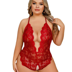 Daring Plunging Neckline Lace Bodysuit with Open Crotch Design