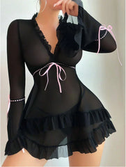 Ruffle Mesh Babydoll with Bell Sleeves and Satin Tie