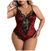 Velvet and Lace Plus Size Bodysuit with Strappy Back Design