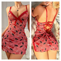 Cherry Print Chemise with Lace Trim and Crisscross Back