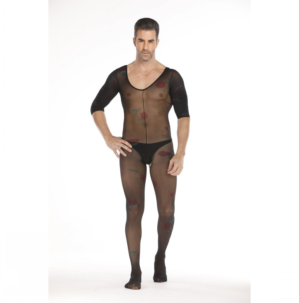 Long-Sleeve Micro-Print Open-Front Bodystocking