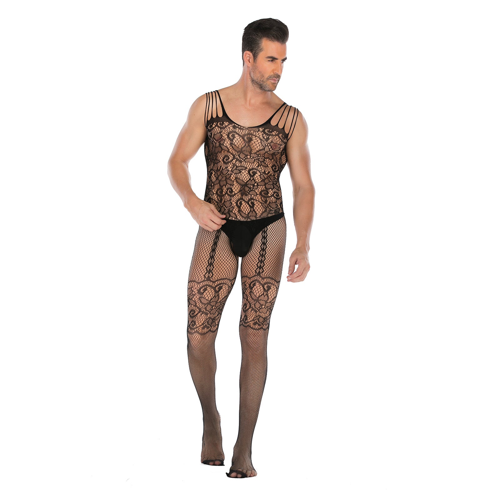 Vest-Style Jacquard Open-Front Floral Bodystocking