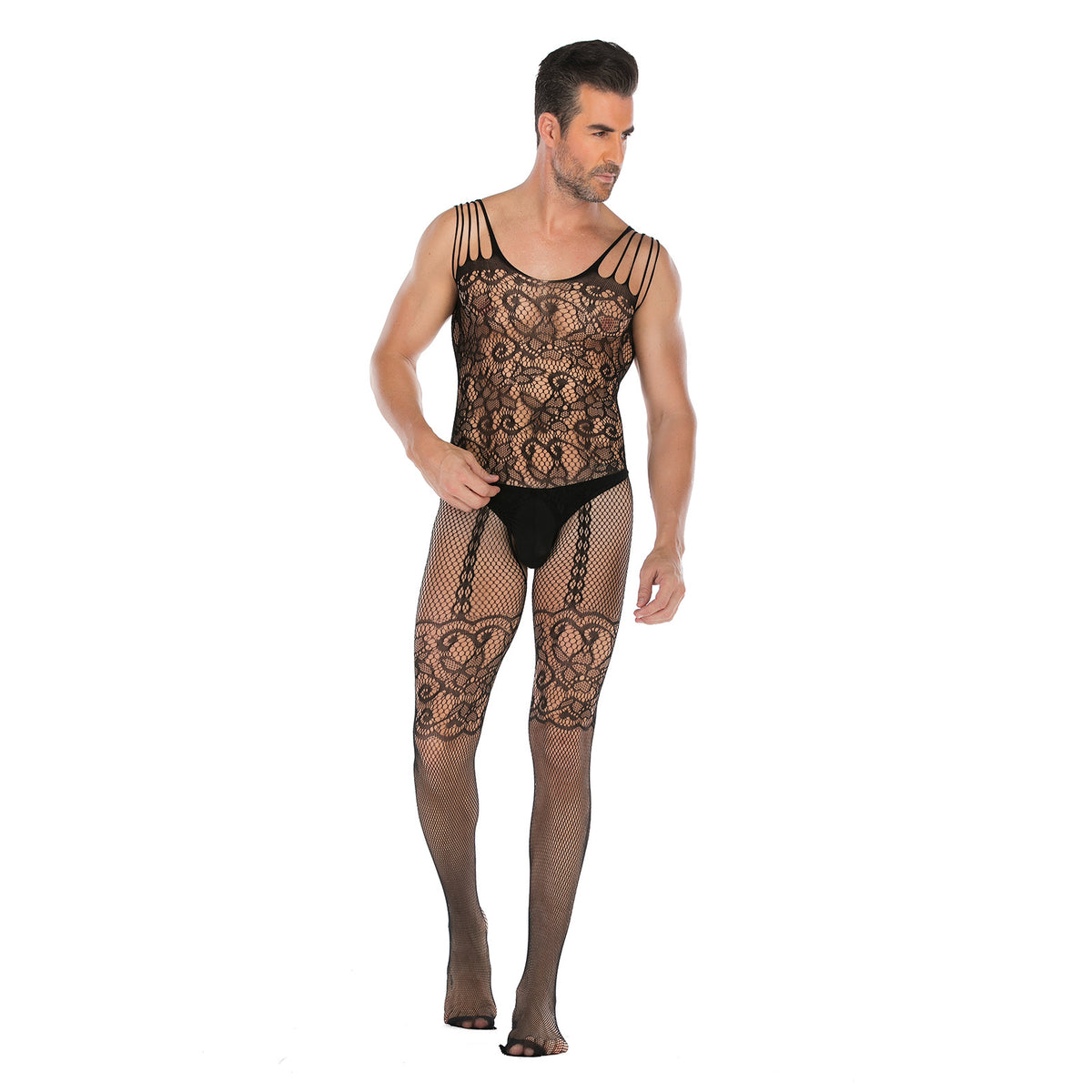 Vest-Style Jacquard Open-Front Floral Bodystocking