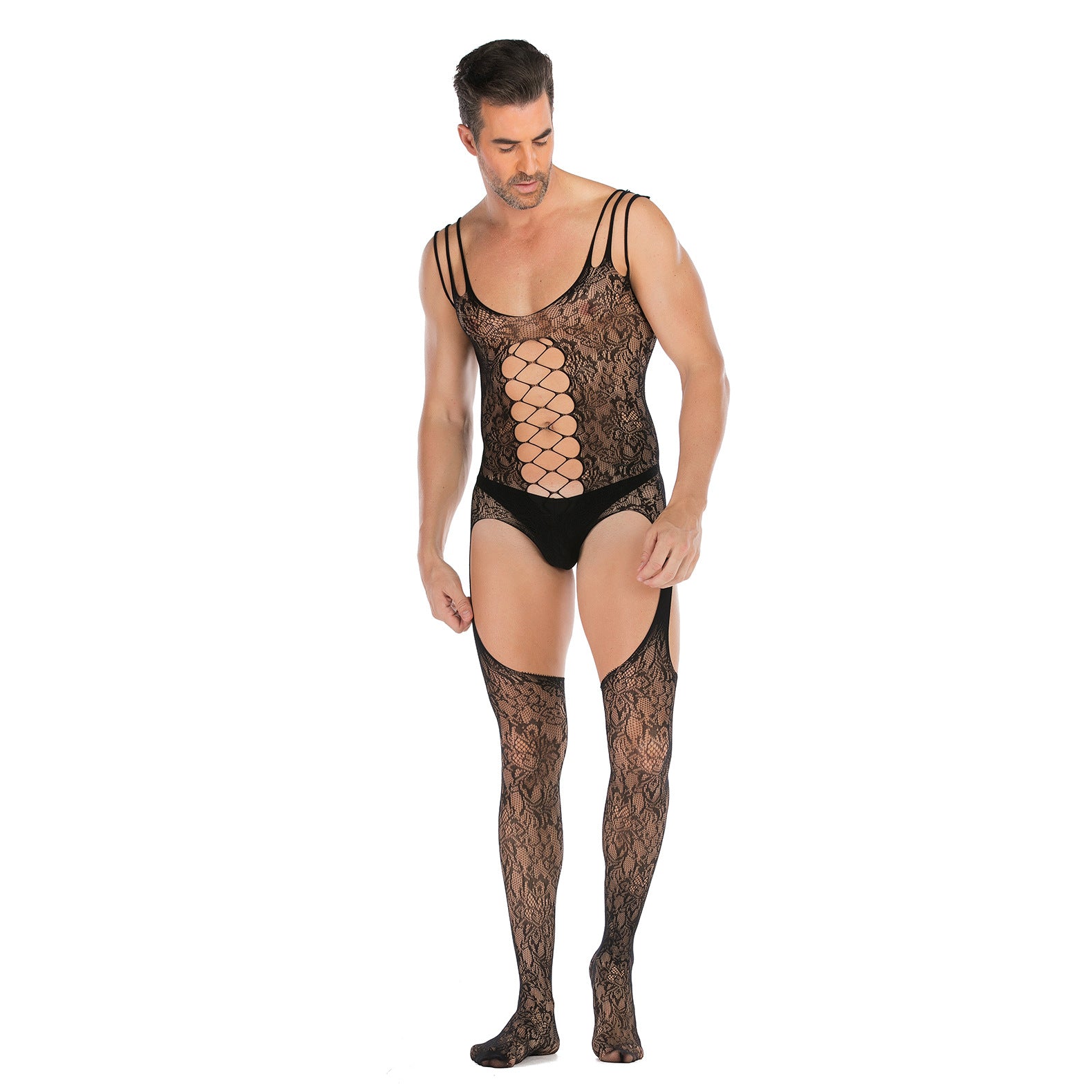 Plus-Size Open-Front Lace Pattern Mesh Bodysuit