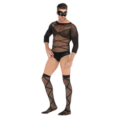 Plus-Size Open-Front Lace Pattern Mesh Bodysuit