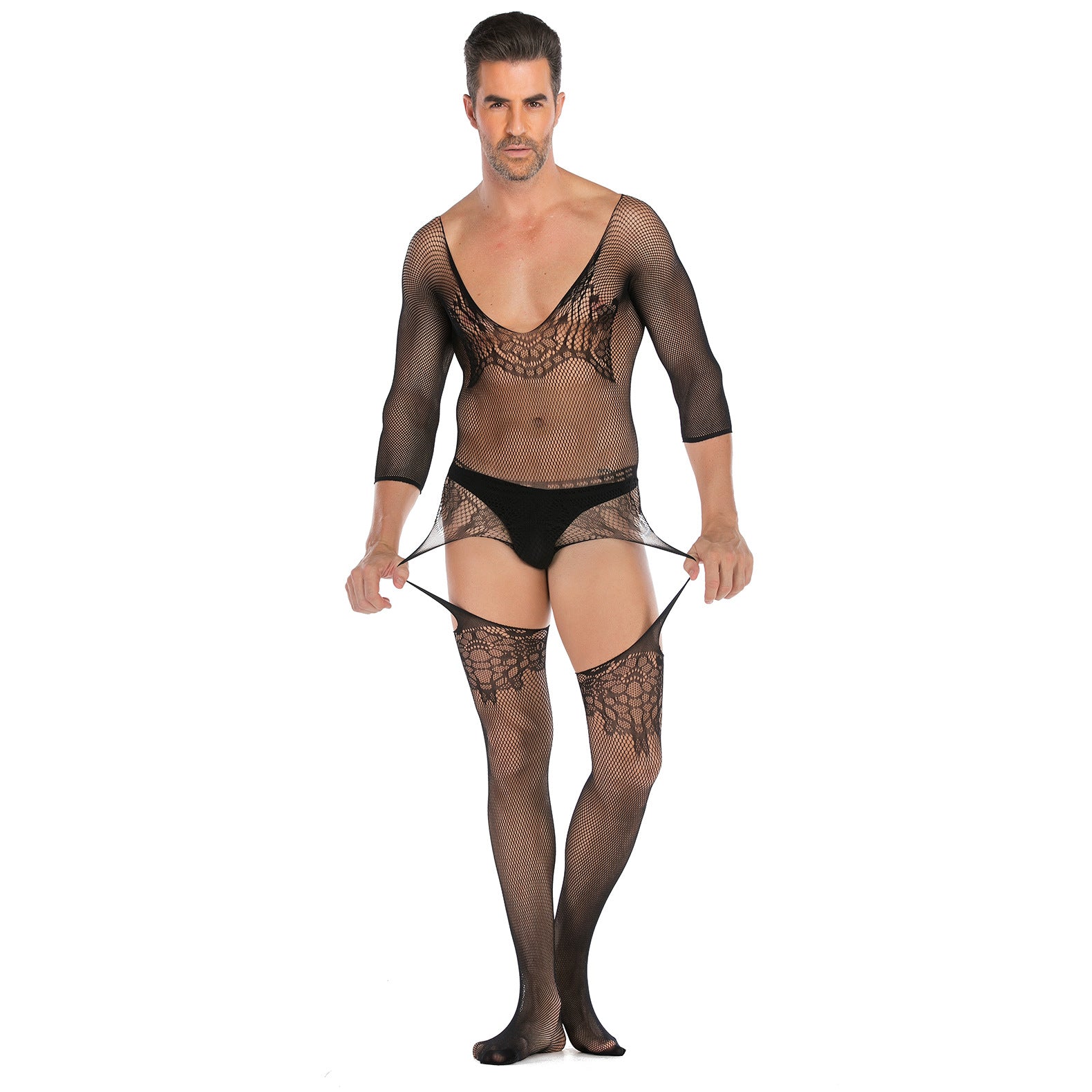 Plus-Size Open-Front Lace Pattern Mesh Bodysuit