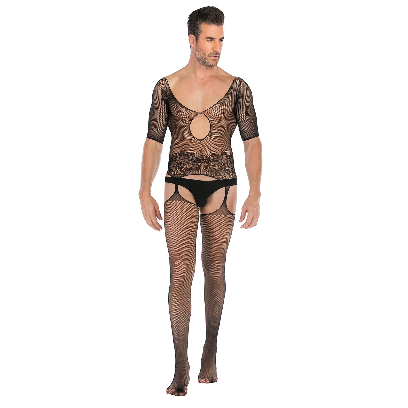 Plus-Size Open-Front Lace Pattern Mesh Bodysuit