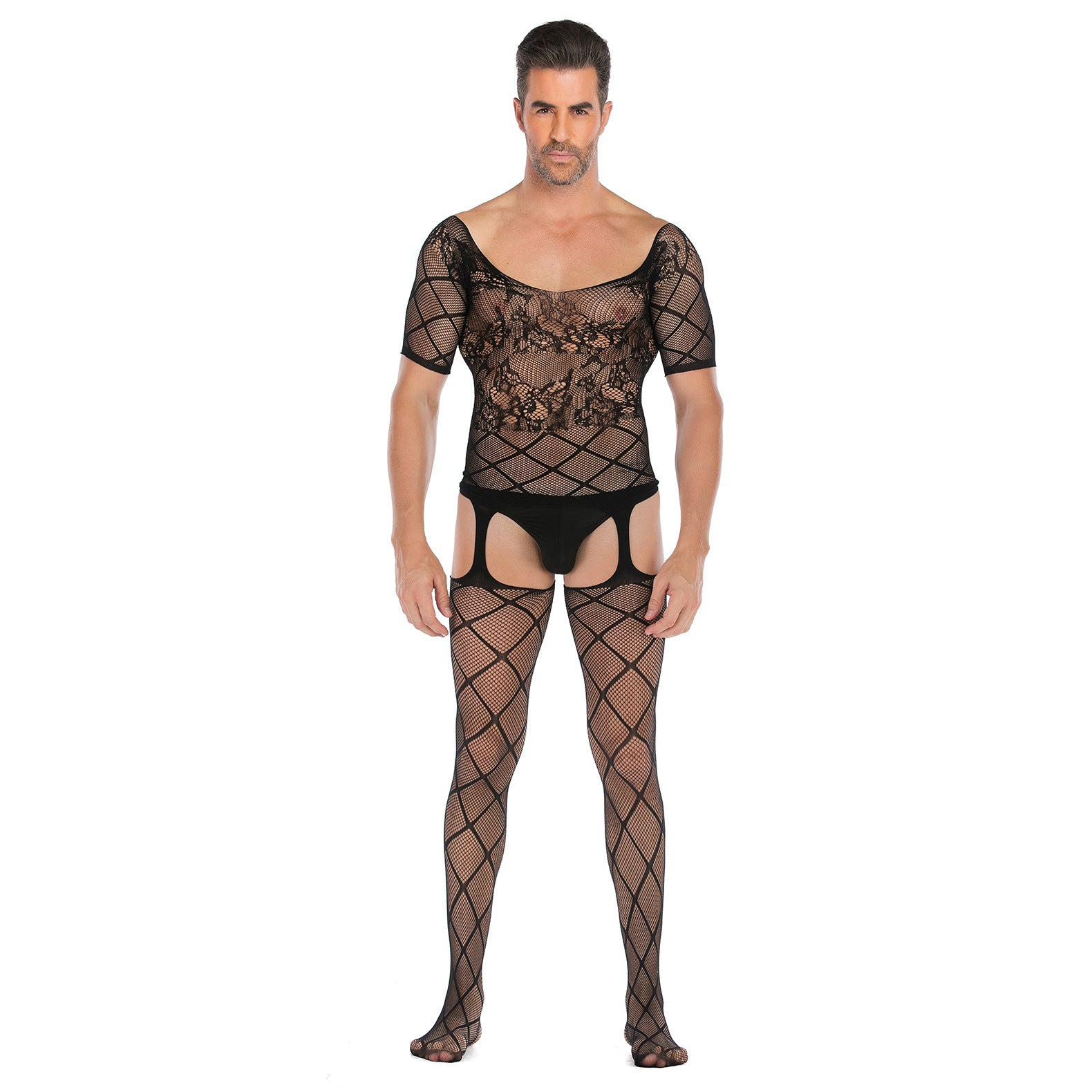 Plus-Size Open-Front Lace Pattern Mesh Bodysuit