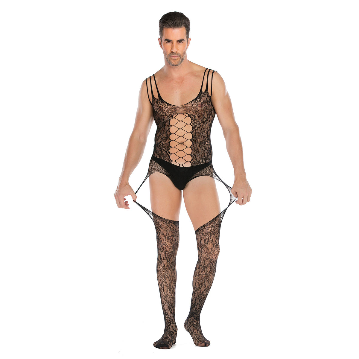 Sleeveless Jacquard High-Slit Full-Body Mesh