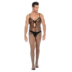 Plus-Size Open-Front Lace Pattern Mesh Bodysuit