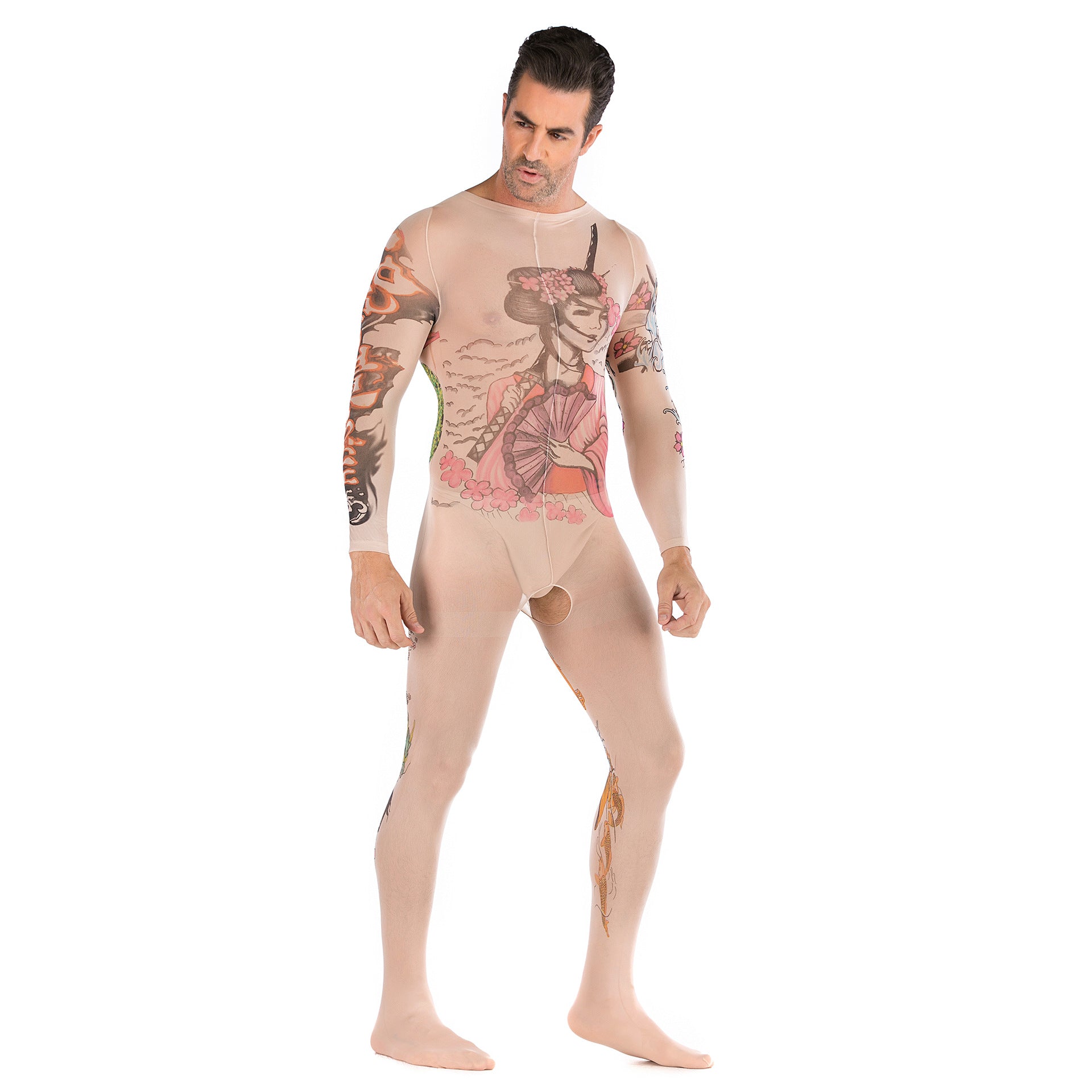 Tattoo Totem Long-Sleeve Open-Front Bodystocking