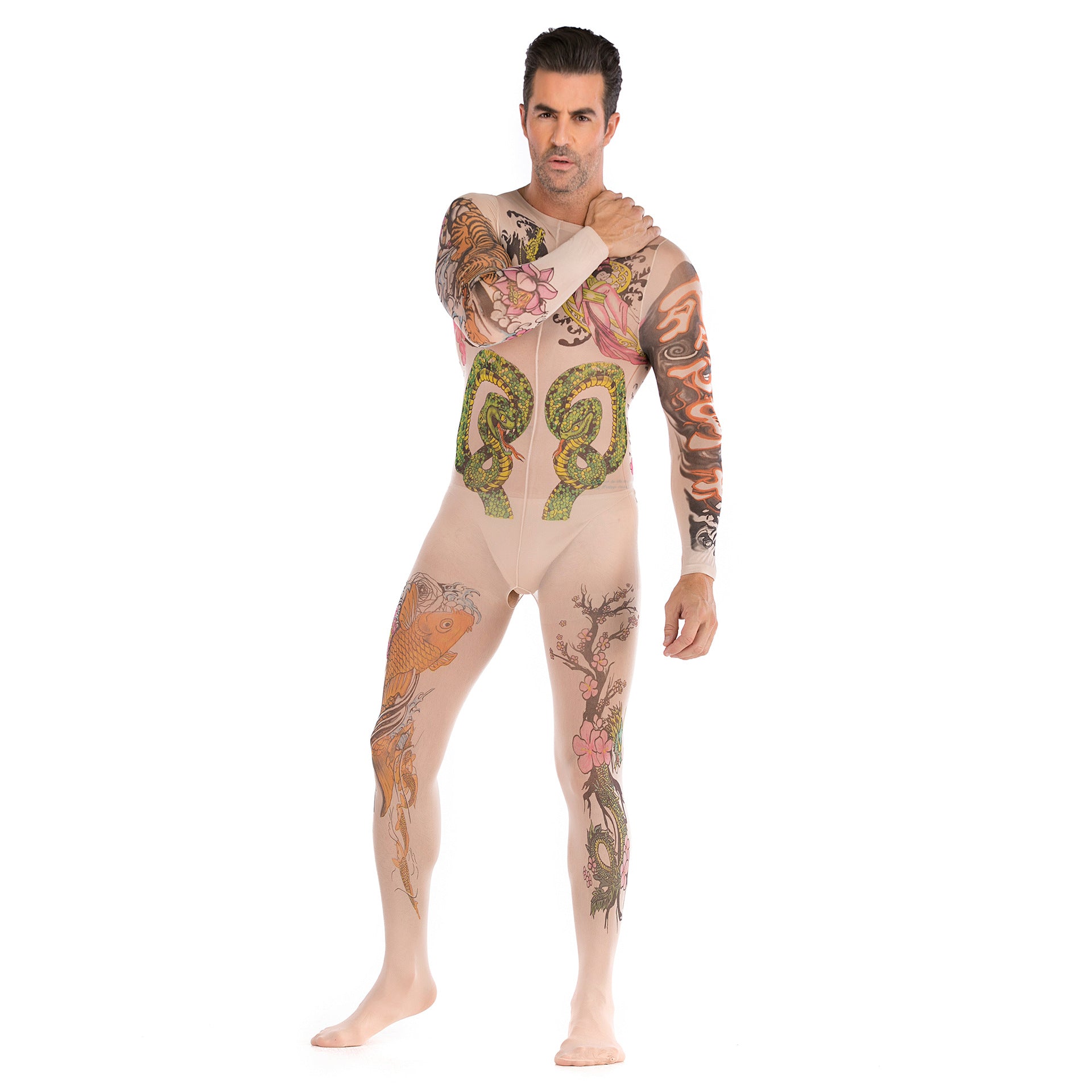 Tattoo Totem Long-Sleeve Open-Front Bodystocking