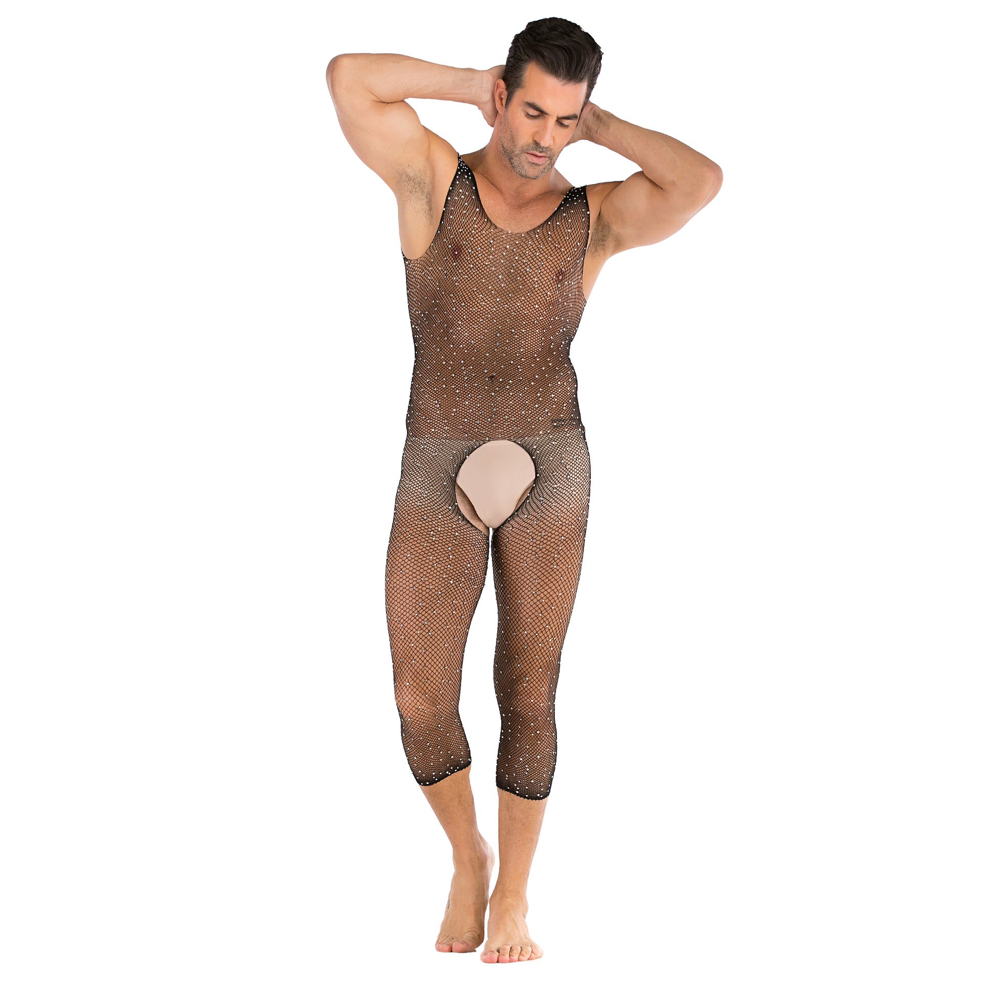 Long-Sleeve Crystal-Diamond Sheer Bodystocking
