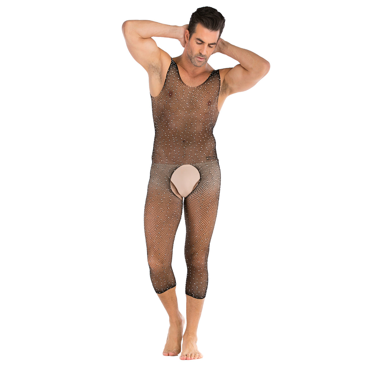 Long-Sleeve Crystal-Diamond Sheer Bodystocking