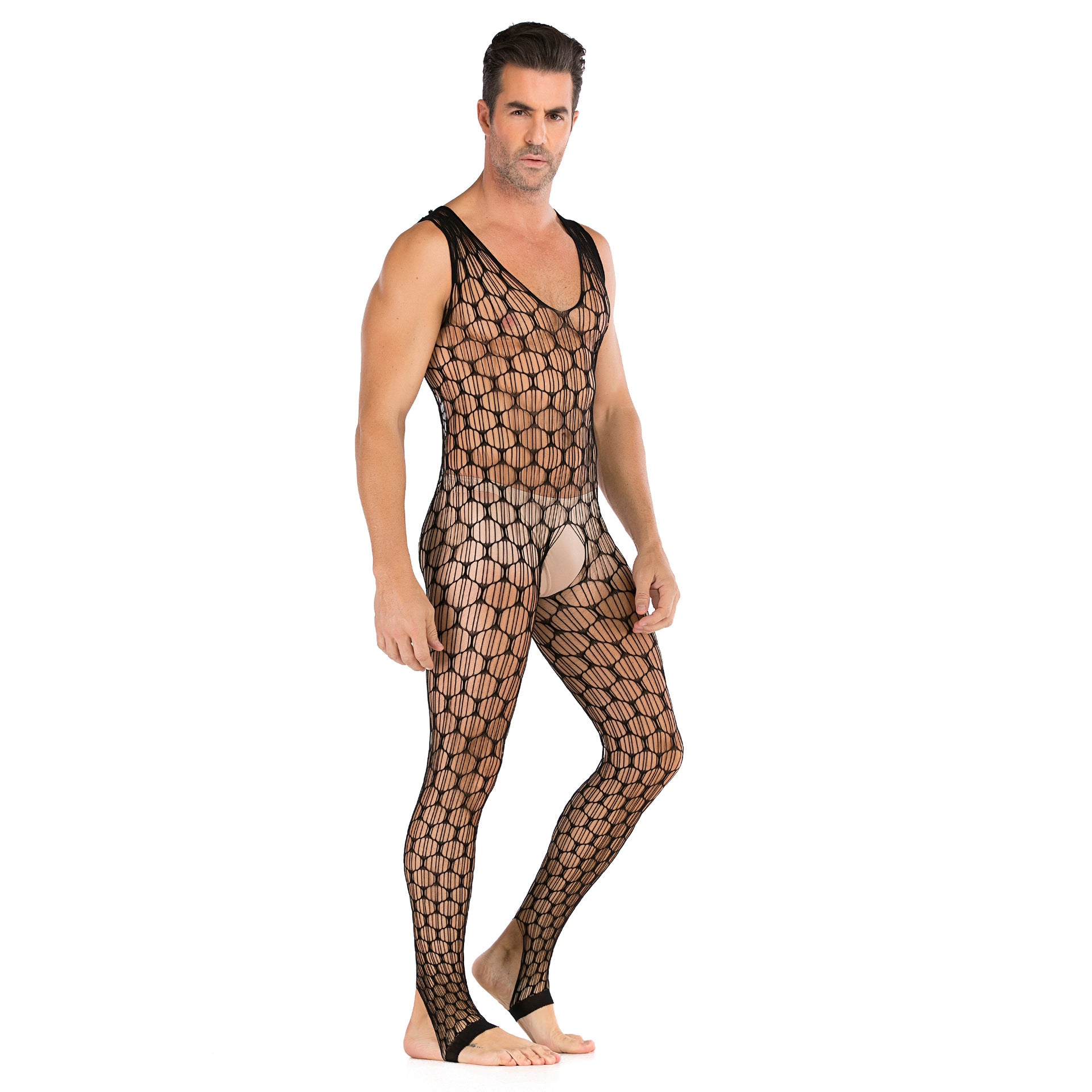 Plus-Size Elasticated Black Mesh Bodysuit