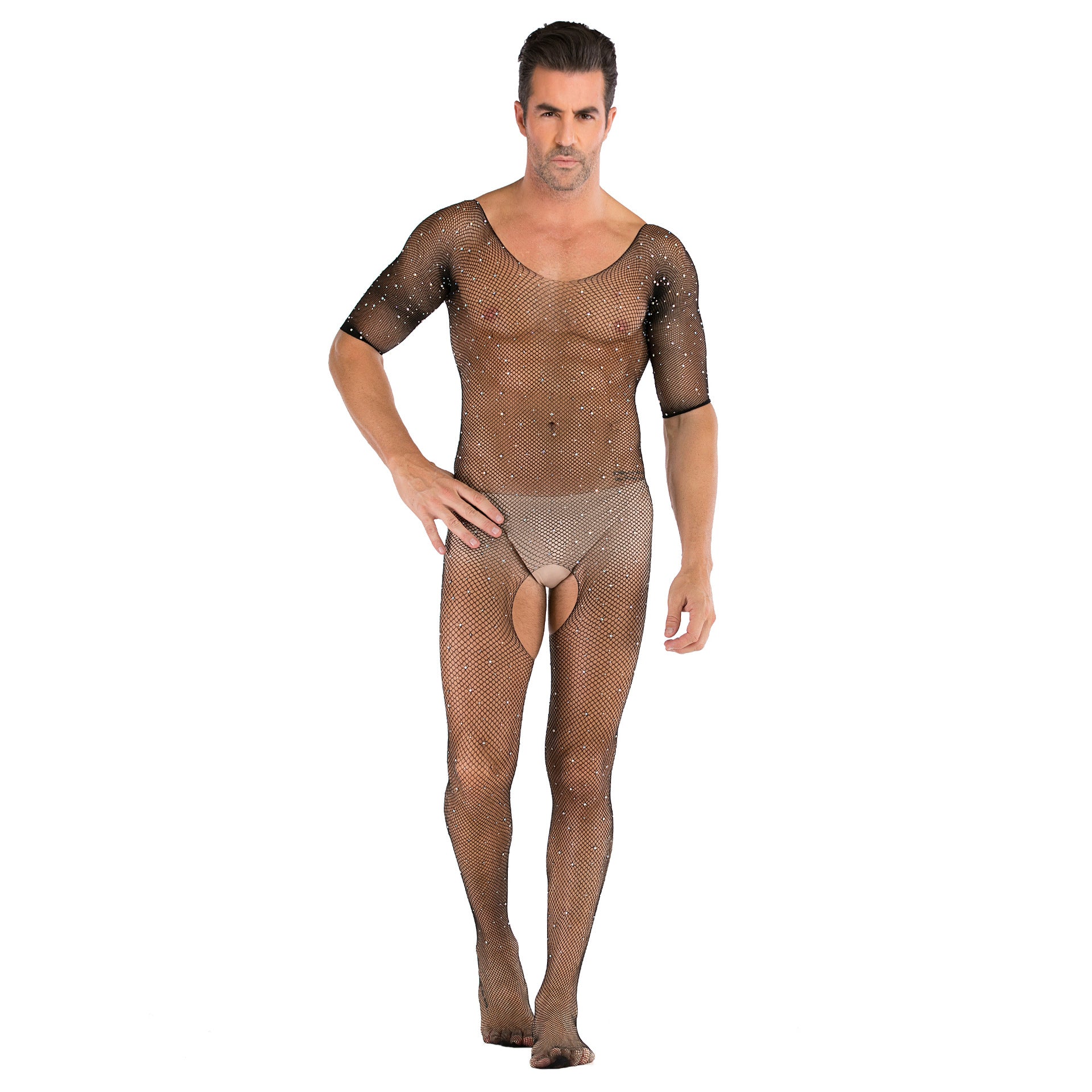 Long-Sleeve Crystal-Diamond Sheer Bodystocking