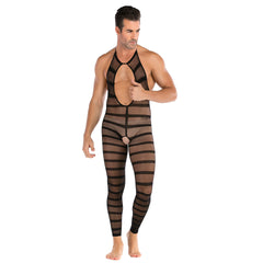 Striped Mesh Neckline Hollow Bodystocking