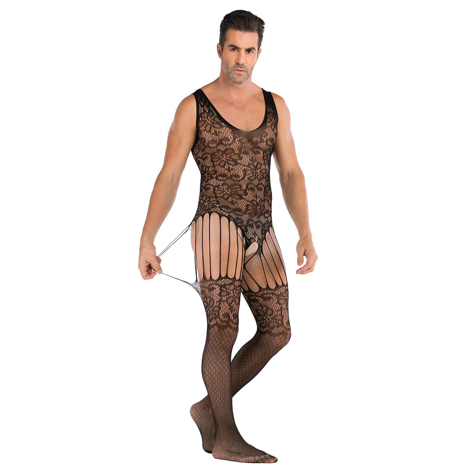 Jacquard Keyhole-Front Mesh Bodystocking