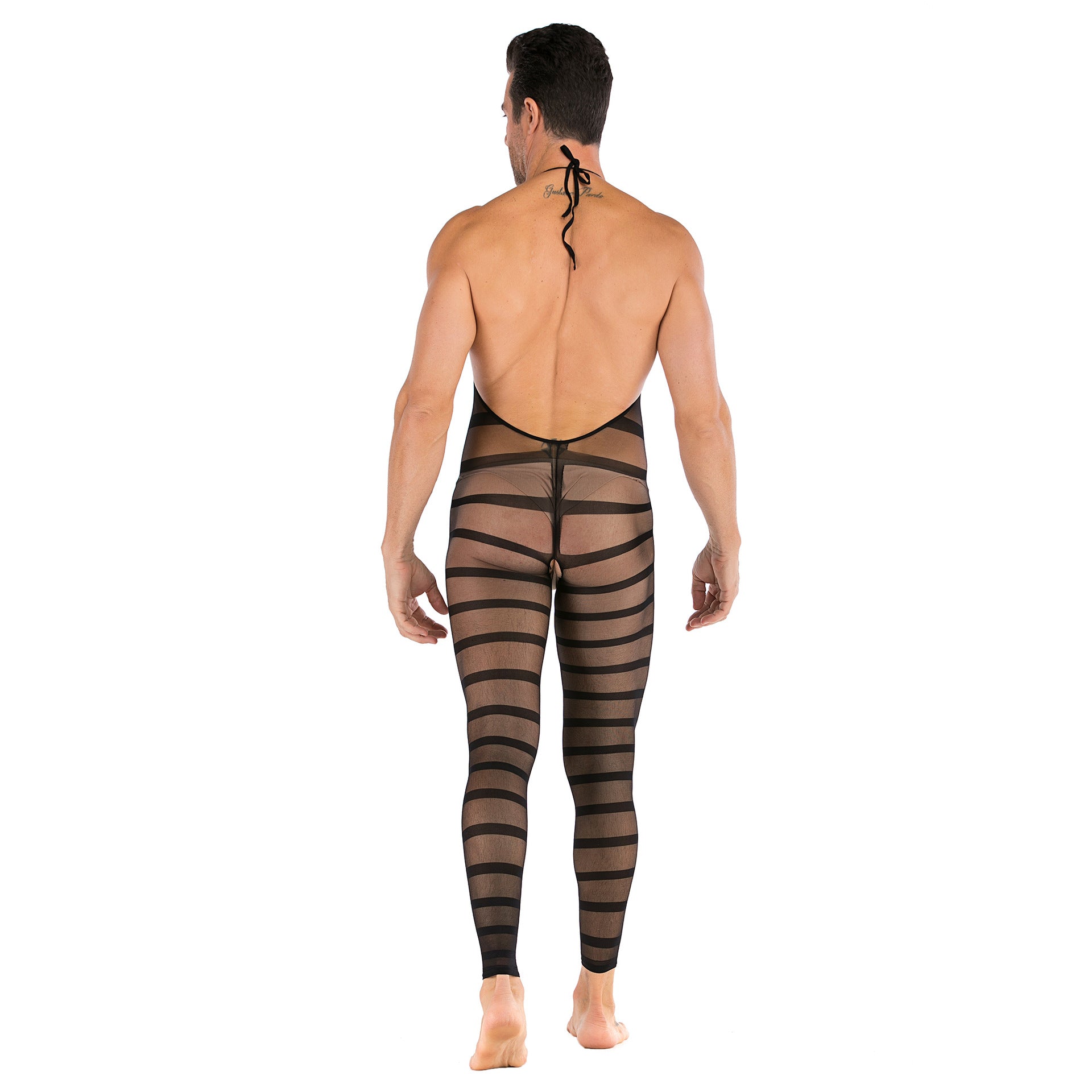 Striped Mesh Neckline Hollow Bodystocking