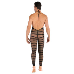 Striped Mesh Neckline Hollow Bodystocking
