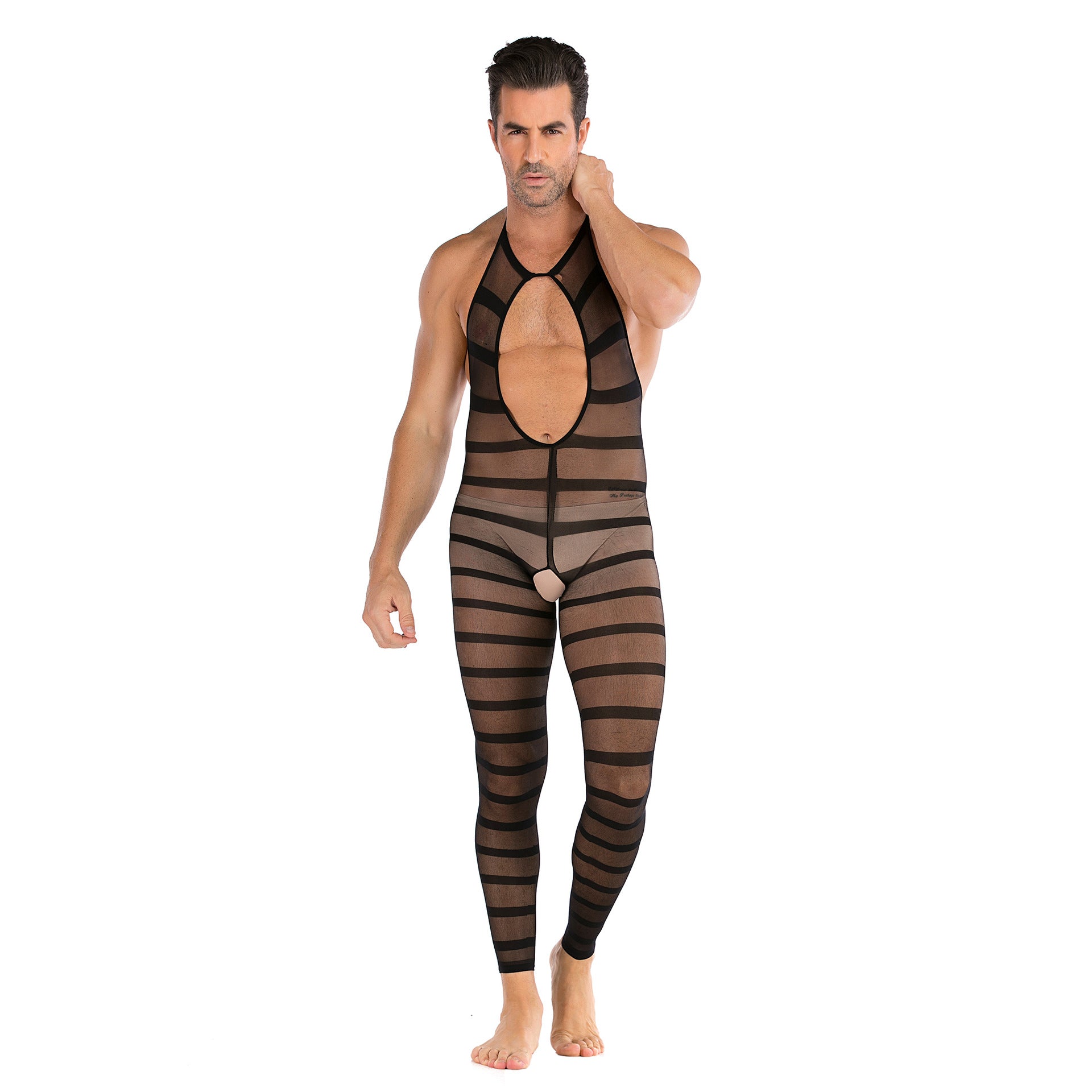 Striped Mesh Neckline Hollow Bodystocking