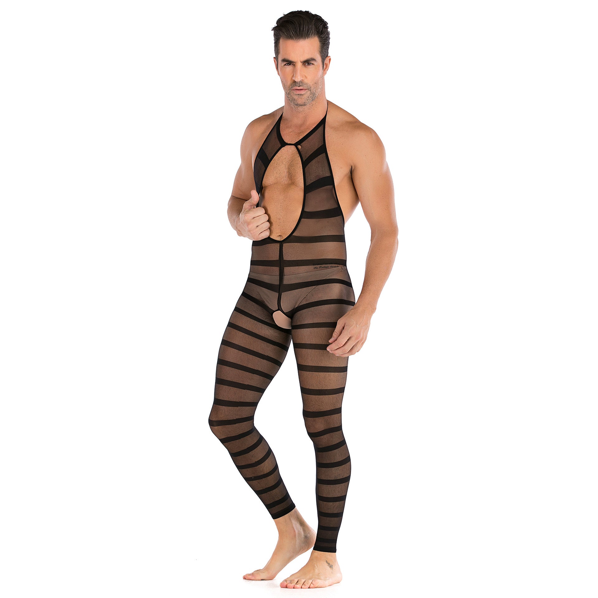 Striped Mesh Neckline Hollow Bodystocking