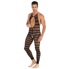 Striped Mesh Neckline Hollow Bodystocking