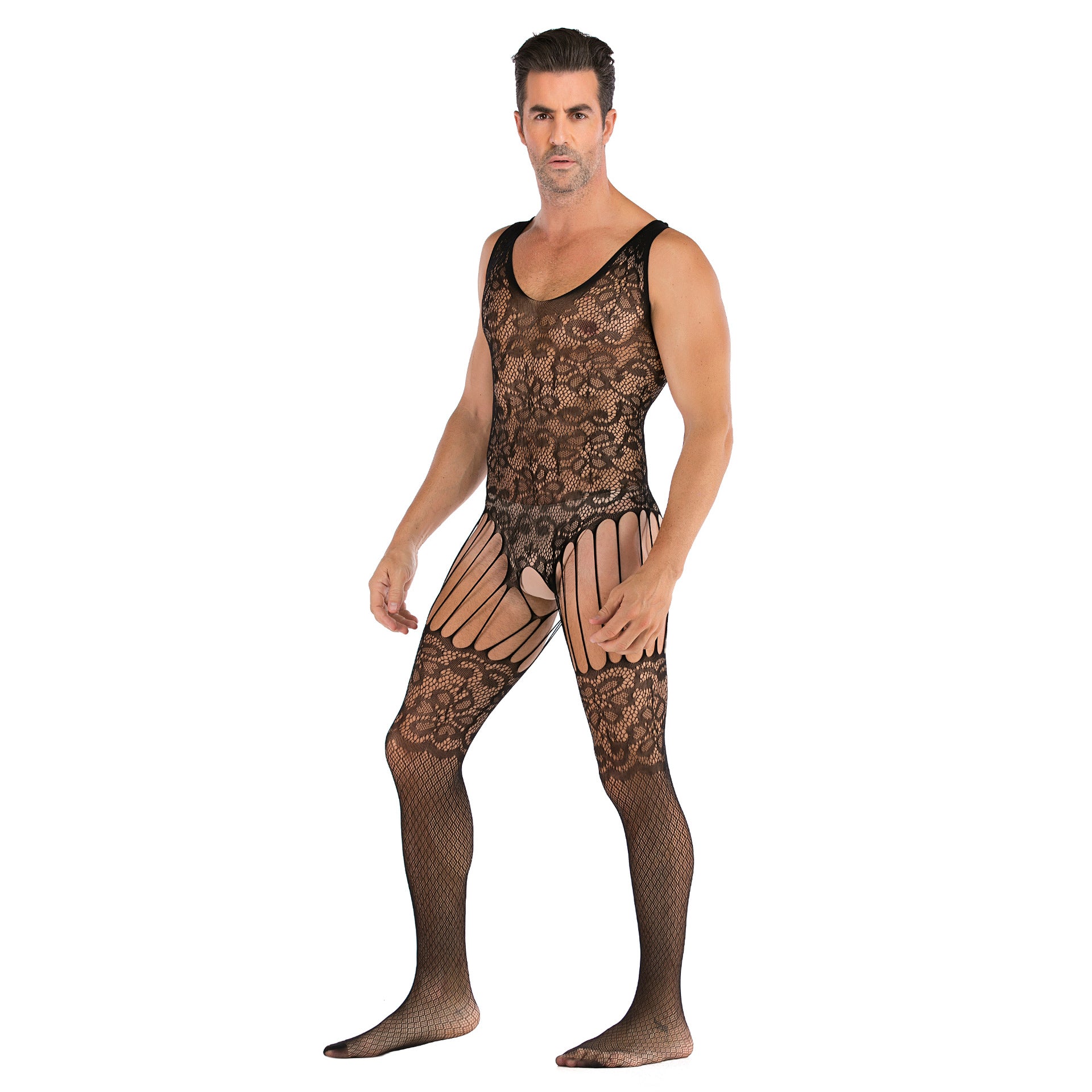 Jacquard Keyhole-Front Mesh Bodystocking