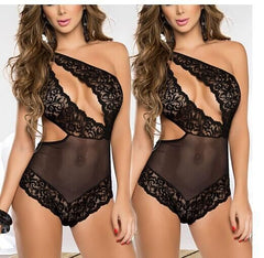 One Shoulder Mesh Lace Teddy With Asymmetrical Cutouts
