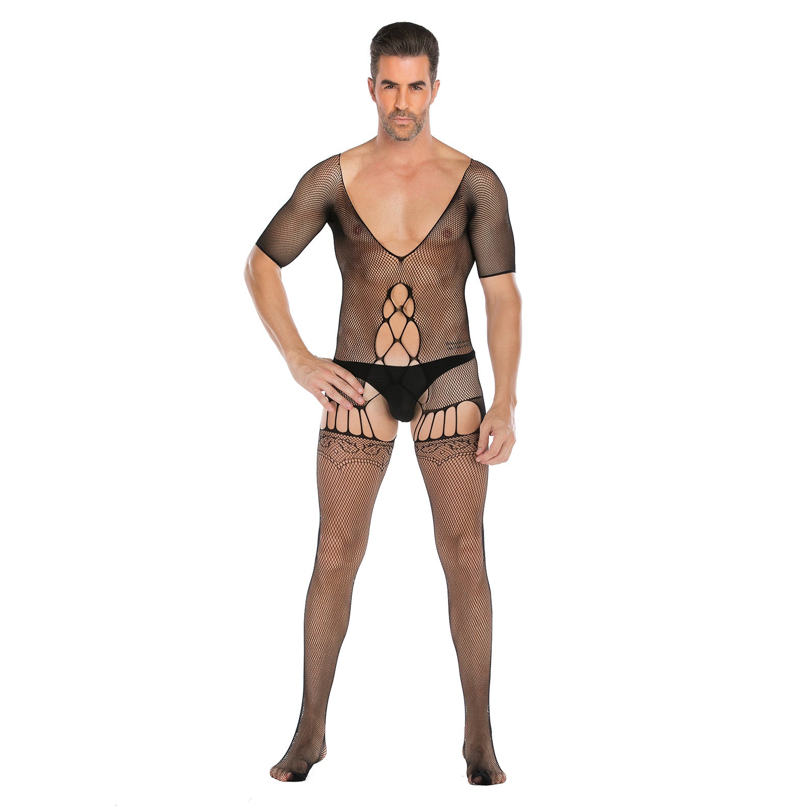Plus-Size Open-Front Lace Pattern Mesh Bodysuit