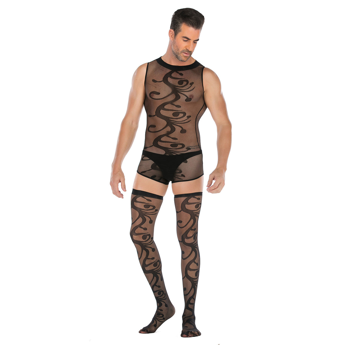 Printed Crop Top & Stockings Mesh Set