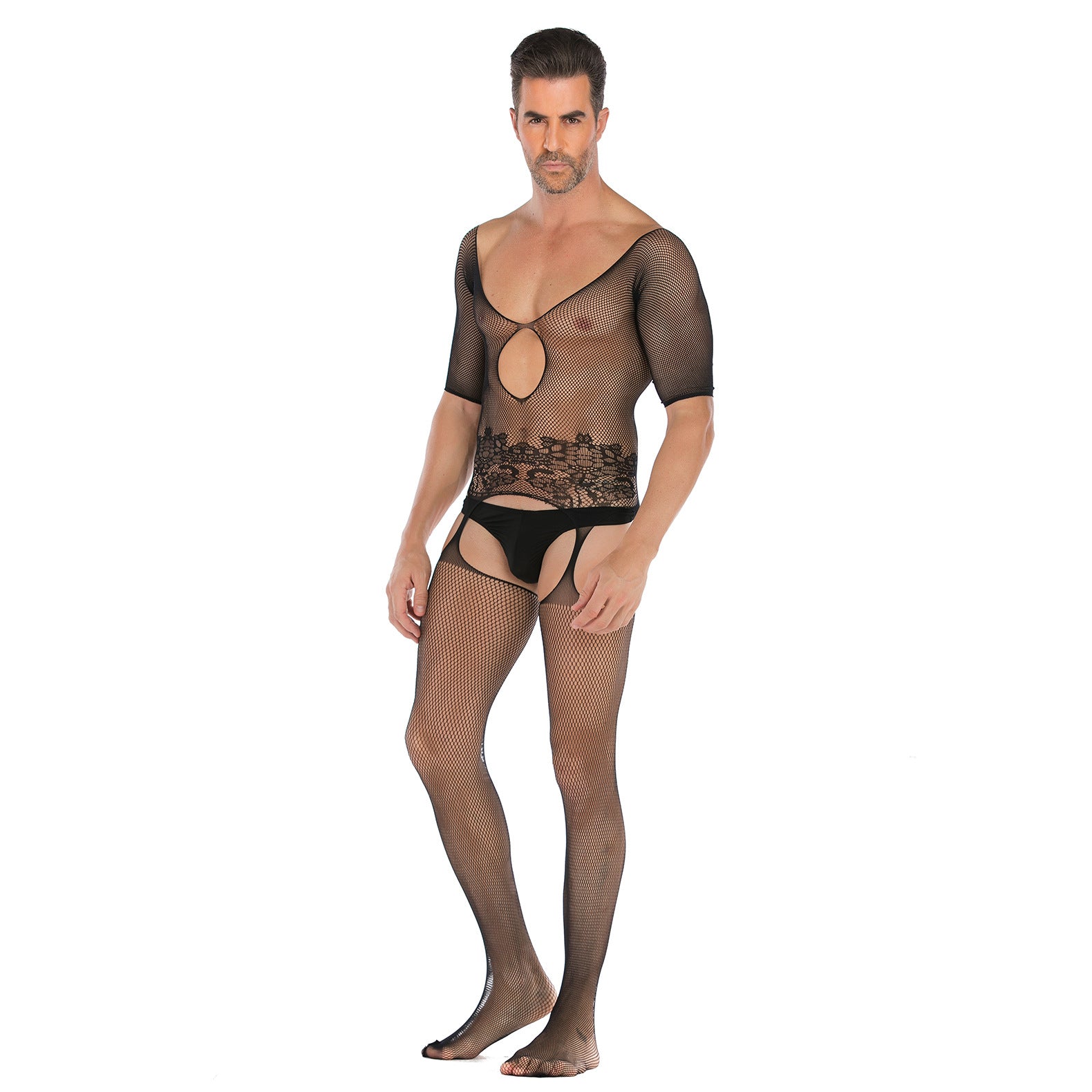 Half-Sleeve Mesh Bodystocking with Feet