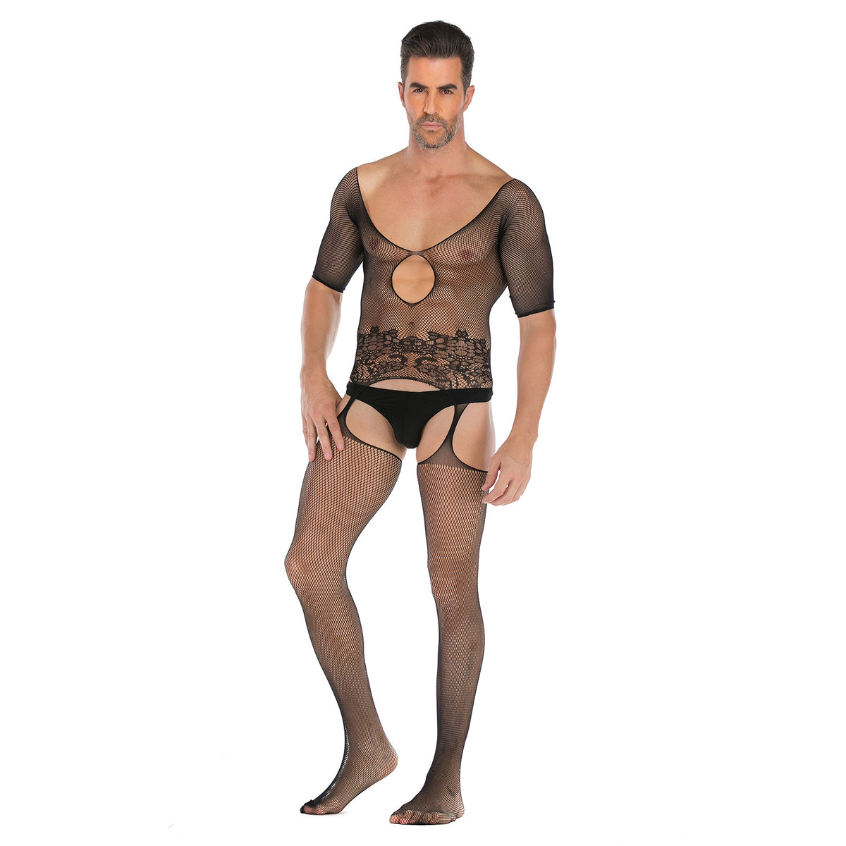 Half-Sleeve Mesh Bodystocking with Feet