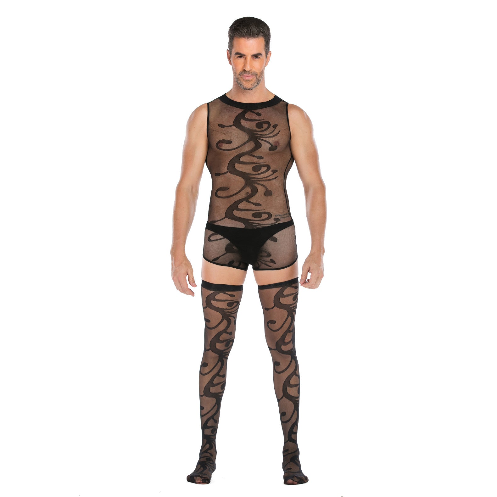 Plus-Size Open-Front Lace Pattern Mesh Bodysuit