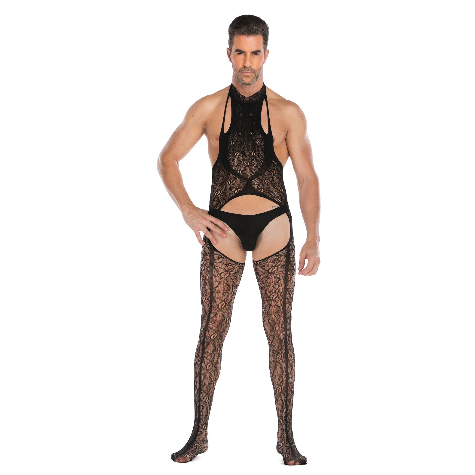 Plus-Size Open-Front Lace Pattern Mesh Bodysuit