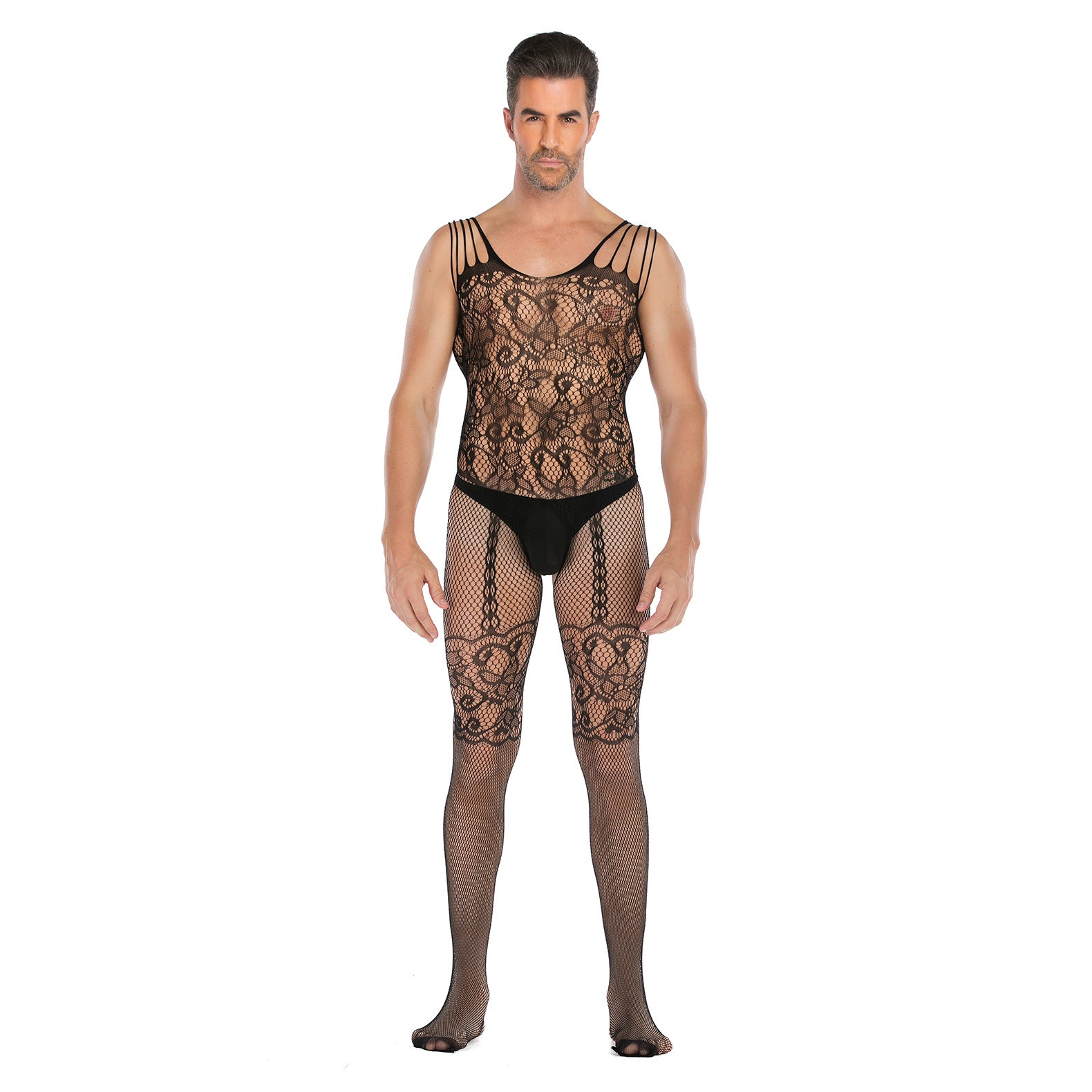Plus-Size Open-Front Lace Pattern Mesh Bodysuit