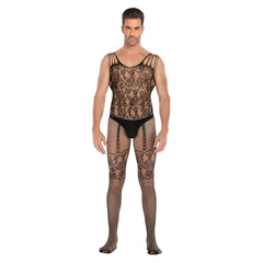 Vest-Style Jacquard Open-Front Floral Bodystocking