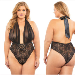 Deep V Mesh and Lace Babydoll Lingerie Bodysuit
