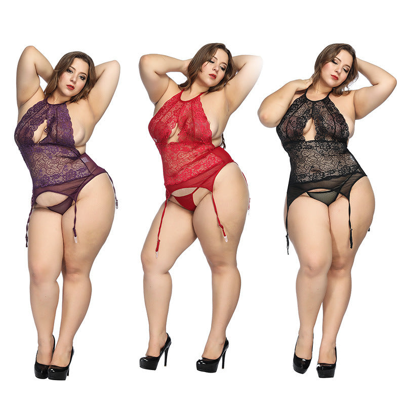 Alluring Halter Lace Bodysuit with Garter Straps and Open Front