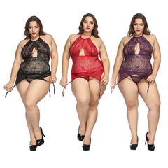 Alluring Halter Lace Bodysuit with Garter Straps and Open Front