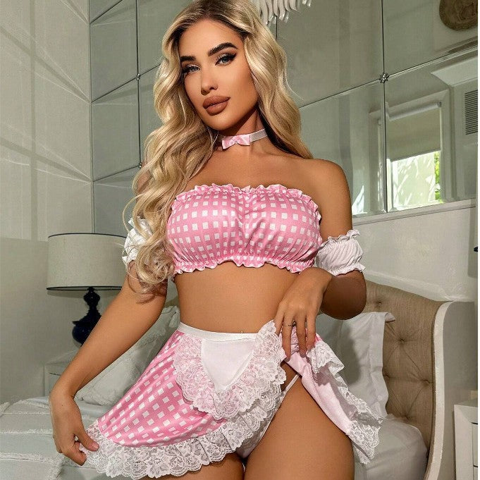 Gingham Milkmaid Inspired Lingerie Set with Apron and Arm Sleeves
