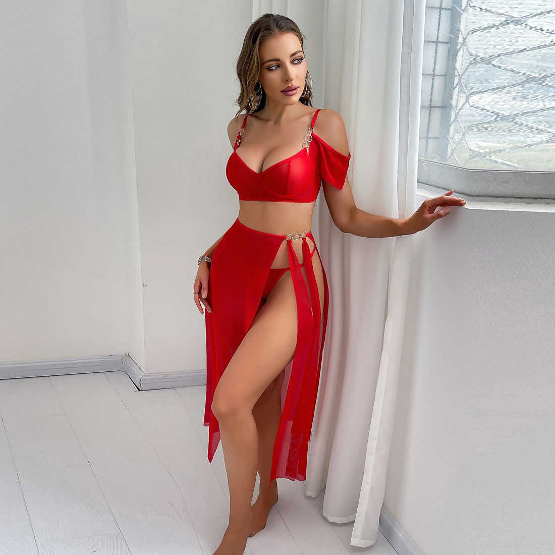 Scarlet Symphony Mesh Lingerie Set with High Slit Skirt