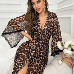 Leopard Sheer Robe with Lace Trim and Tie Waist