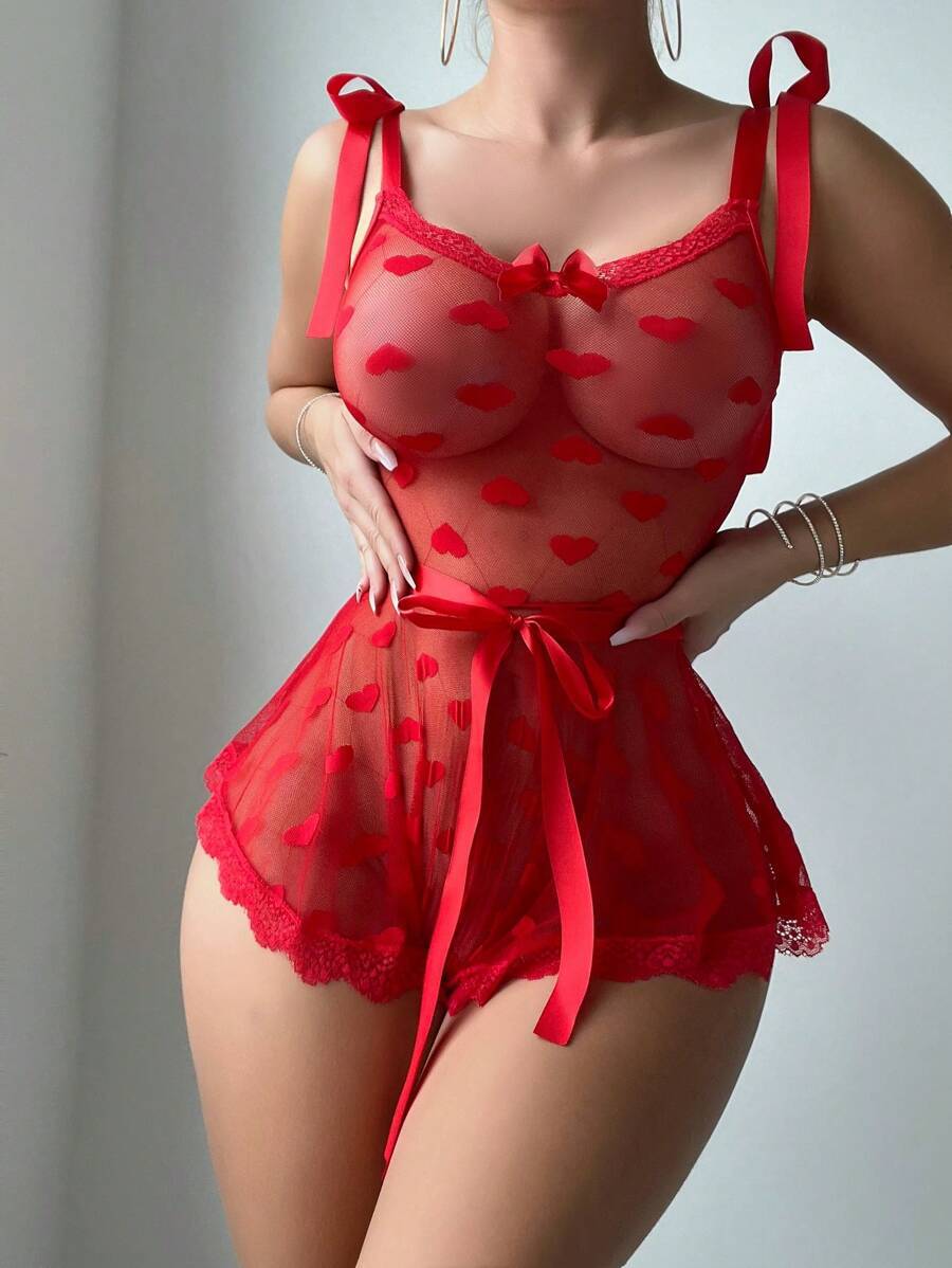 Red Heart Mesh Romper Lingerie with Satin Bow Straps